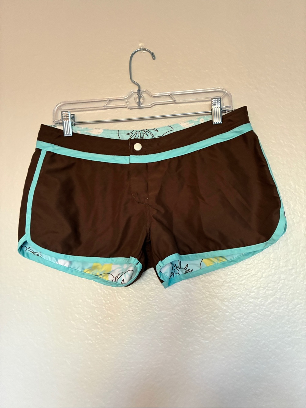 Y2K Reversible Swim Board Shorts Brown Aqua Hawaiian Flowers Yellow Floral M